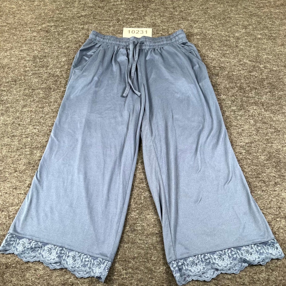 Ambrielle Sleepwear Pants Womens Small Blue Lace Trim Drawstring Wide Leg Preppy